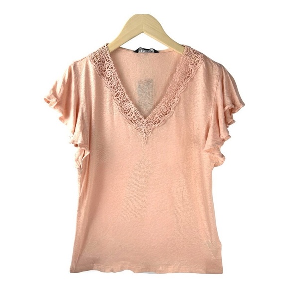 NWT Ralph Lauren Pink Flutter Sleeve V Neck Lace Trim Top — Size Small - Picture 4 of 11